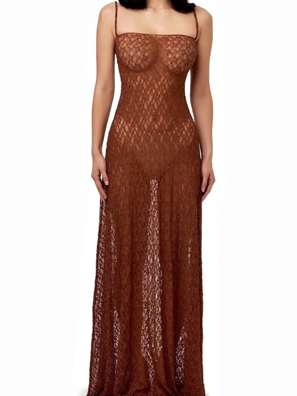 Naked wardrobe Fits Everybody Lace Long Slip Dress Brown Maxi Large